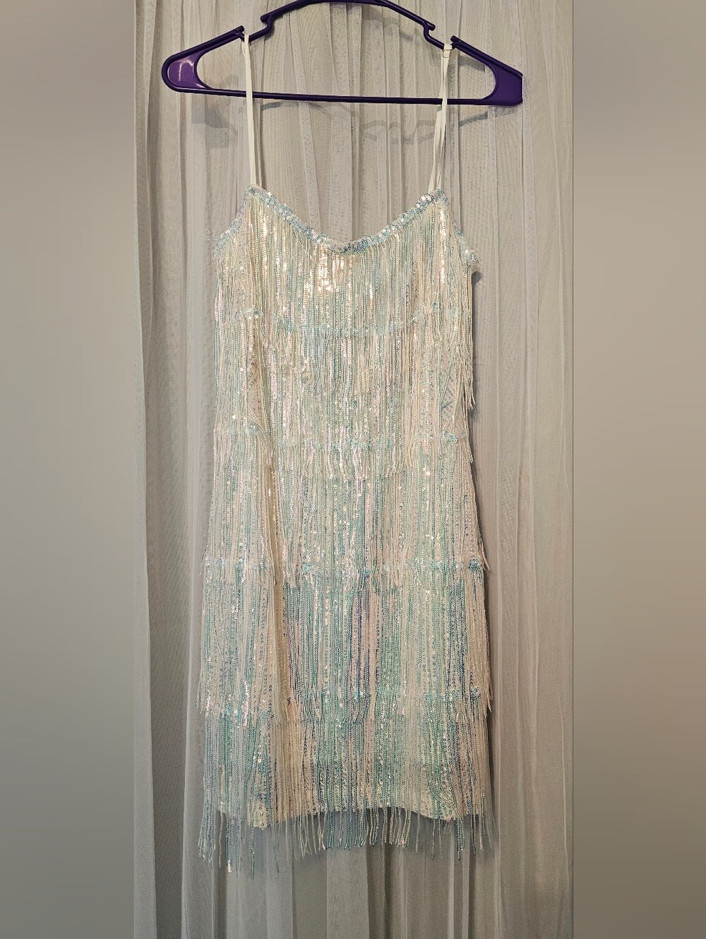Iridescent Fringe Mini Dress in White and Light Blue